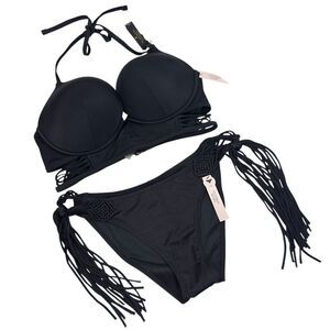 NWT VS BOMBSHELL PUSH‎ UP TOP 36B FRINGE CHEEKY BIKINI BOTTOM SMALL SWIMSUIT SET